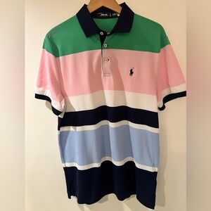 RLX Polo Ralph Lauren Men's Polo with Green, Pink, and Blue Stripes